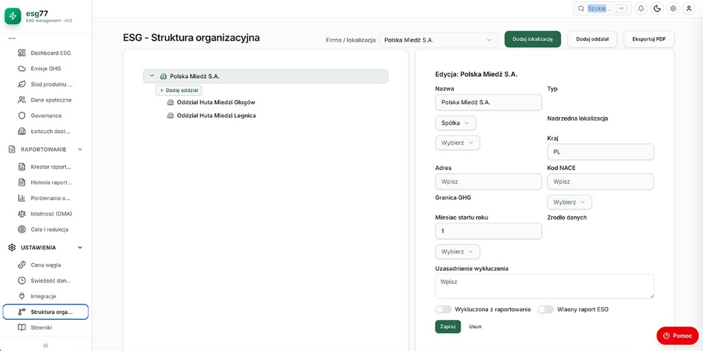 Struktura organizacyjna ESG z edycją lokalizacji i oddziałów
